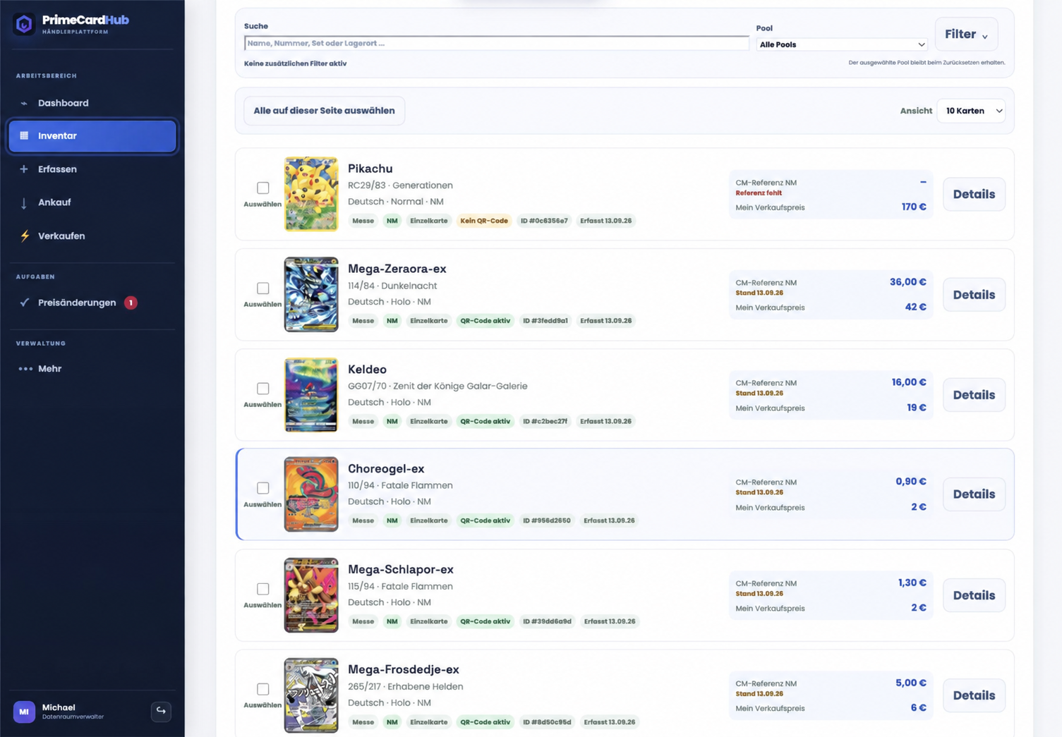 Aktuelle Inventaransicht mit Suche, Filtern und getrennten Beständen
