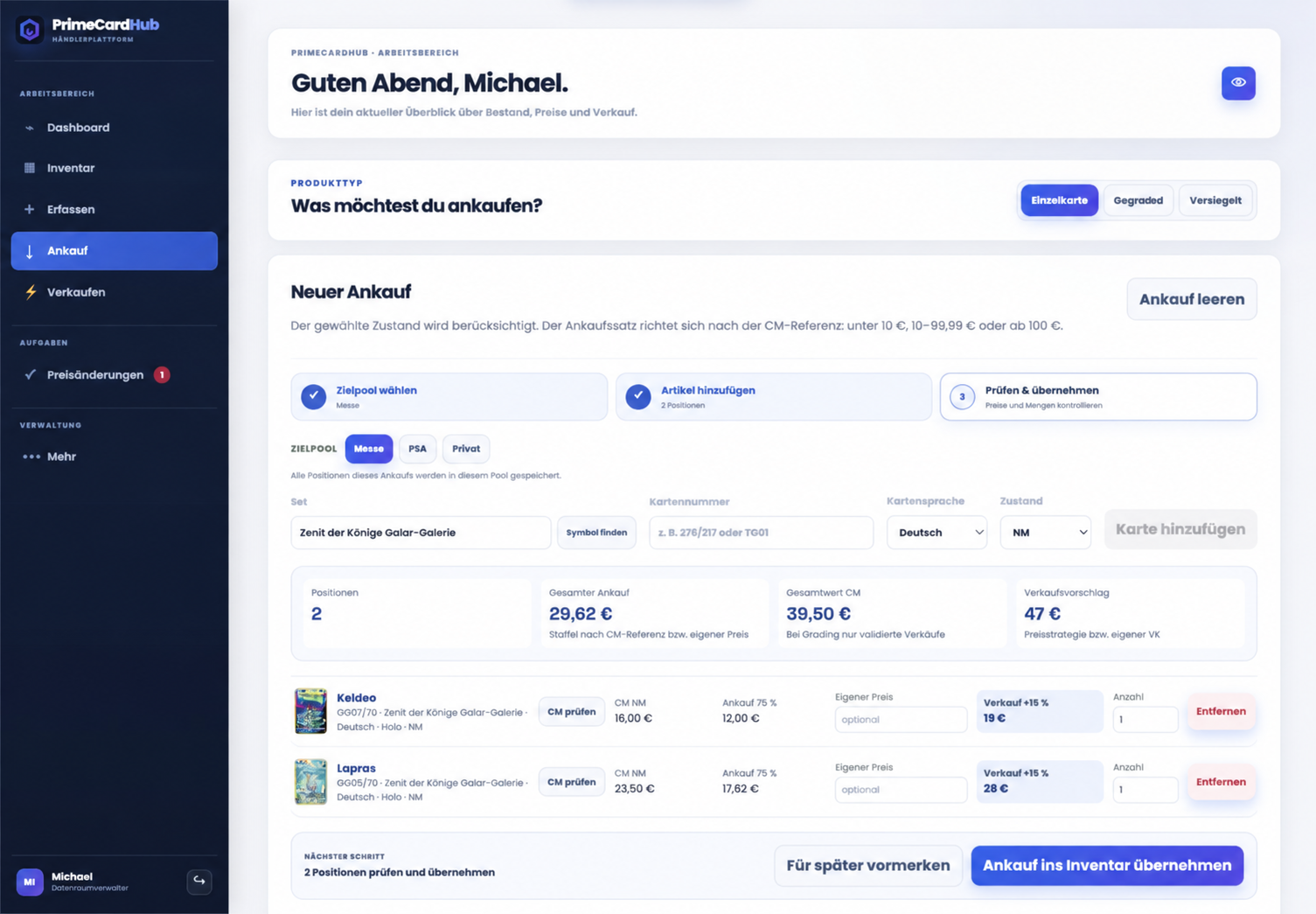 Aktuelle PrimeCardHub Ankaufserfassung mit zwei Beispielkarten