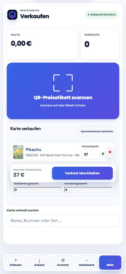 Mobiler PrimeCardHub Verkaufsmodus mit QR-Scanner-Einstieg und einer Pikachu-Karte mit vorbelegtem Preis in der Verkaufsliste
